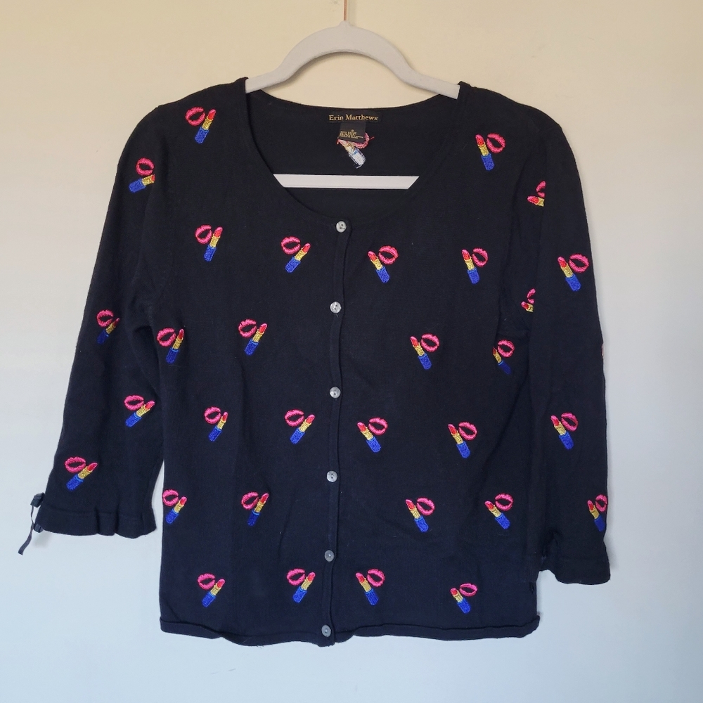 Erin Matthews‎ Vintage Cardigan Lipstick Embroidered Sweater and Tank Set